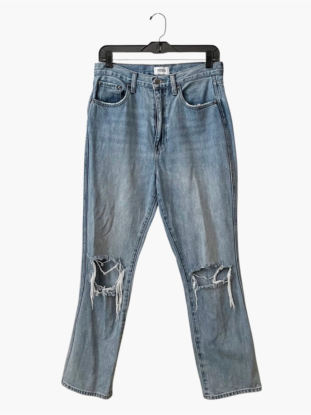 Pistola High Rise Distressed Straight Leg Jeans Women's Size 28 Blue Med Wash
